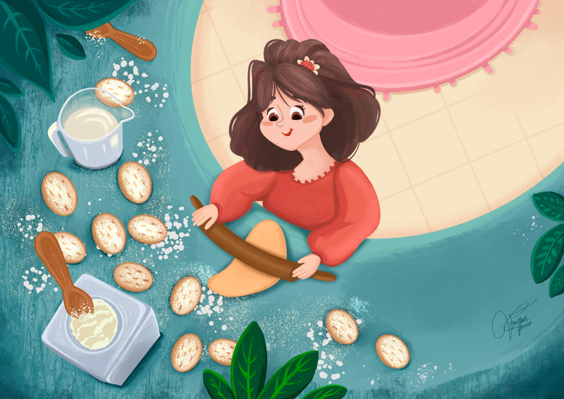 Illustration of a girl rolling out dough with baking tools and ingredients around her.