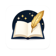 Open book with a gold feather on a starry night background