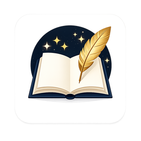 Open book with a gold feather on a starry night background