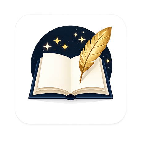 Open book with a gold feather on a starry night background