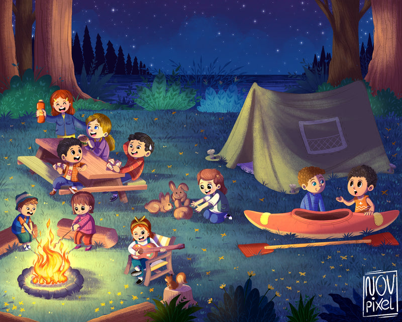 Illustration of children camping by a lake at night, around a campfire.