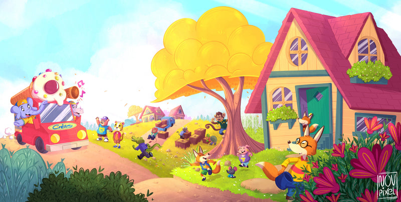 Colorful cartoon scene with a house, tree, and animals in a village setting.