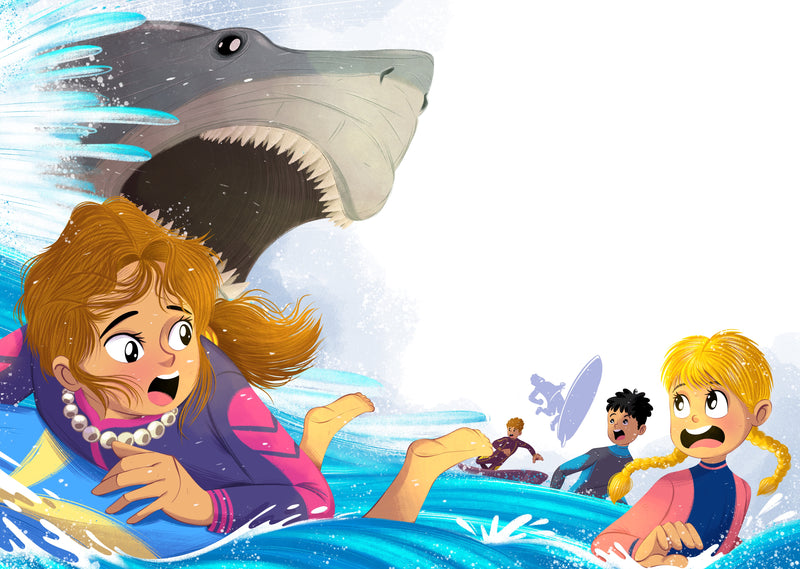 Cartoon scene with a shark approaching two children in swimsuits.