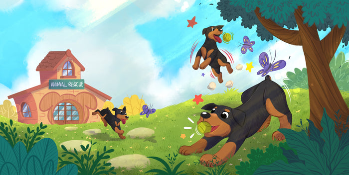 Cartoon illustration of dogs playing in a park with a house labeled 'Animal Rescue'.